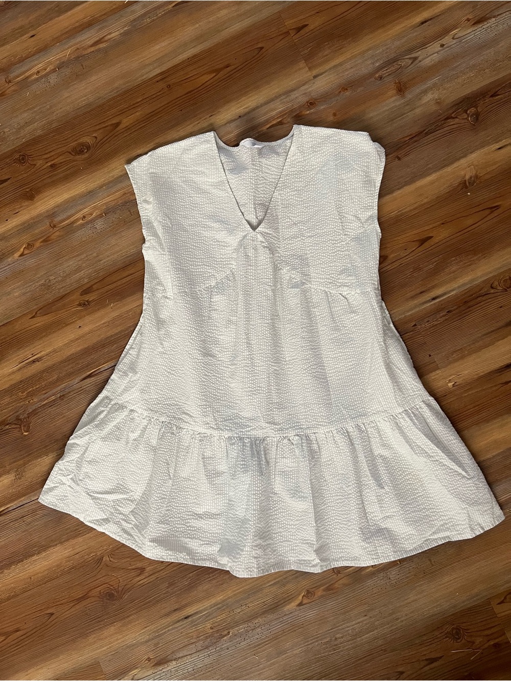 White and Blue Textured V-Neck Ruffle Hem Dress
